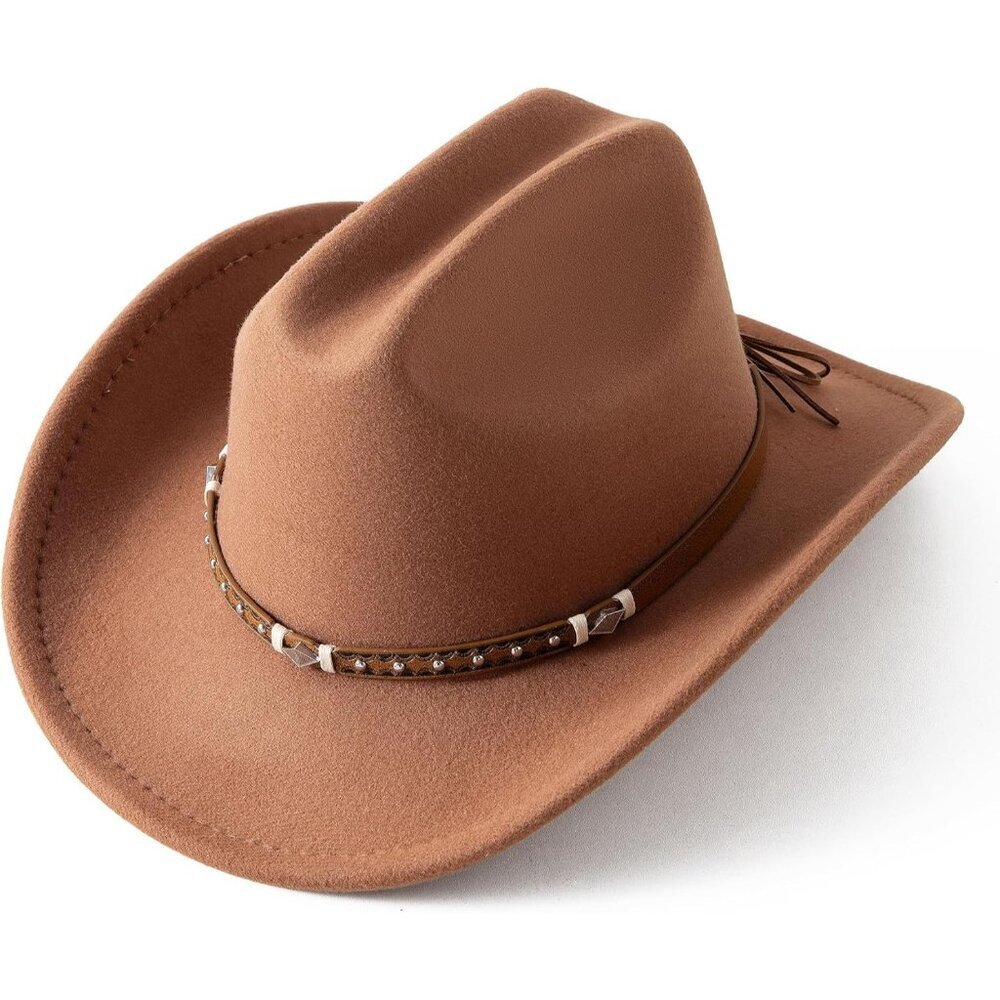 Women's Khaki Western Studded Leather Accent Band Classic Fedora Felt Cowboy Hat